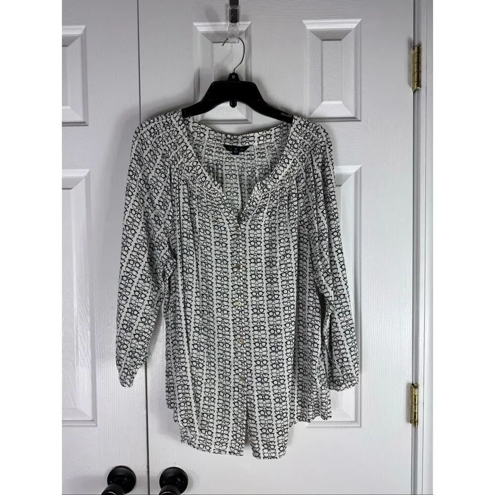 Lands End Womens Glasses Print Pintuck V Neck Blouse Size 18